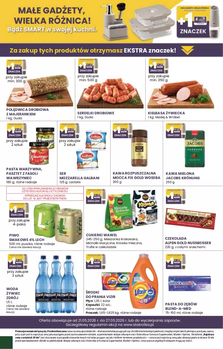 Gazetka promocyjna Stokrotka - Market - ważna 21.05 do 27.05.2026 - strona 36 - produkty: Blend-a-Med, Cukier, Cukierki, Czekolada, Duda, Fa, Galbani, Gra, Jacobs, Jacobs Krönung, Kawa, Kawa mielona, Kawa rozpuszczalna, Kiełbasa, Michałki, Mięso, Mocca Fix Gold, Mozzarella, Optima, Owoce, Pasta do zębów, Pasta warzywna, Pasztet, Piwa, Piwo, Polędwica, Ser, Serdelki, Vizir, Warzywa, Wawel, Woda, Woseba