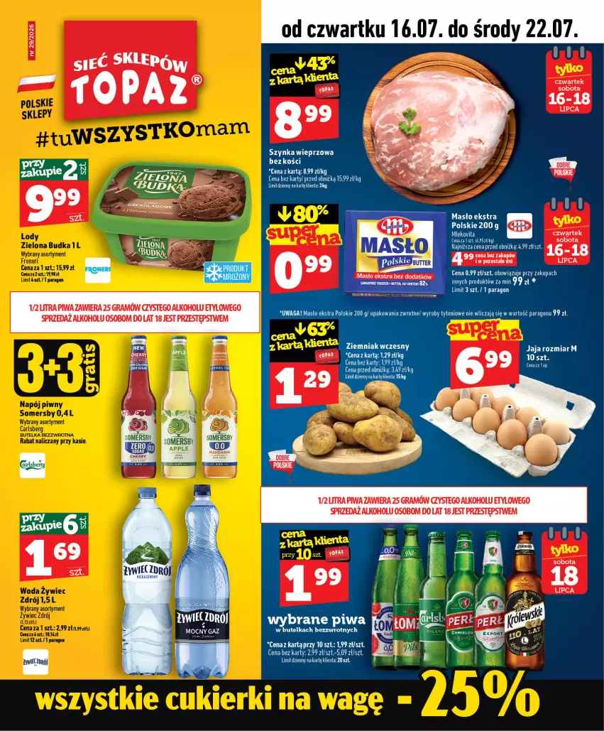 Gazetka promocyjna Topaz - Gazetka - ważna 16.07 do 22.07.2026 - strona 1 - produkty: Fa, Gra, Jaja, Masło, Mleko, Mlekovita, Piwa, Top, Vita C