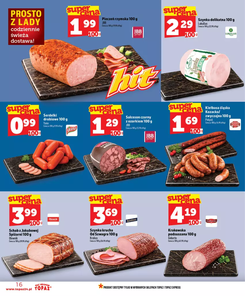 Gazetka promocyjna Topaz - Gazetka - ważna 16.07 do 22.07.2026 - strona 16 - produkty: Gra, Krakus, Olewnik, Piec, Pieczeń rzymska, Szynka, Top