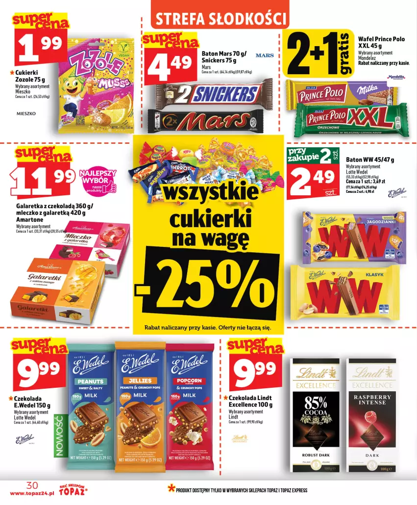 Gazetka promocyjna Topaz - Gazetka - ważna 16.07 do 22.07.2026 - strona 30 - produkty: Baton, Cukier, Cukierki, Czekolada, Gala, Galaretka, Lindt, Mars, Mleczko, Por, Prince Polo, Snickers, Sok, Top