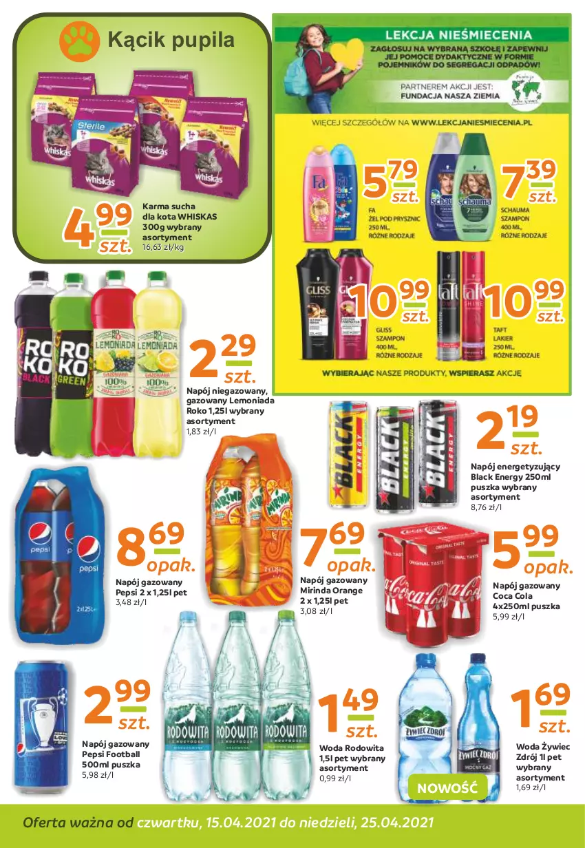 Gazetka promocyjna Gama - Gazetka Gama - ważna 15.04 do 25.04.2021 - strona 10 - produkty: Lack, Lemoniada, Mirinda, Napój, Napój gazowany, Napój niegazowany, Pepsi, Whiskas, Woda