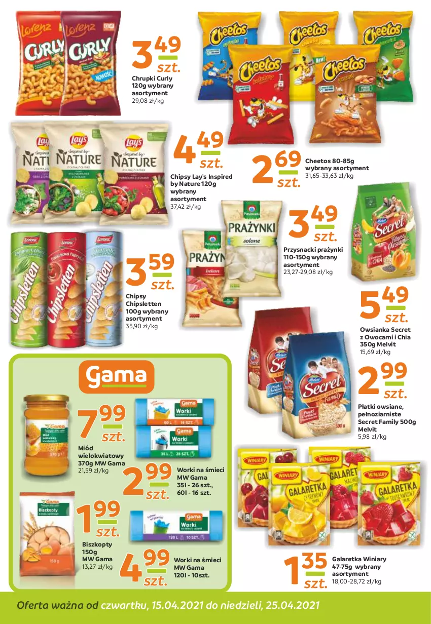 Gazetka promocyjna Gama - Gazetka Gama - ważna 15.04 do 25.04.2021 - strona 6 - produkty: Biszkopty, Cheetos, Chia, Chipsy, Chrupki, Fa, Gala, Galaretka, Melvit, Miód, Owsianka, Płatki owsiane, Przysnacki, Winiary, Worki na śmiec, Worki na śmieci