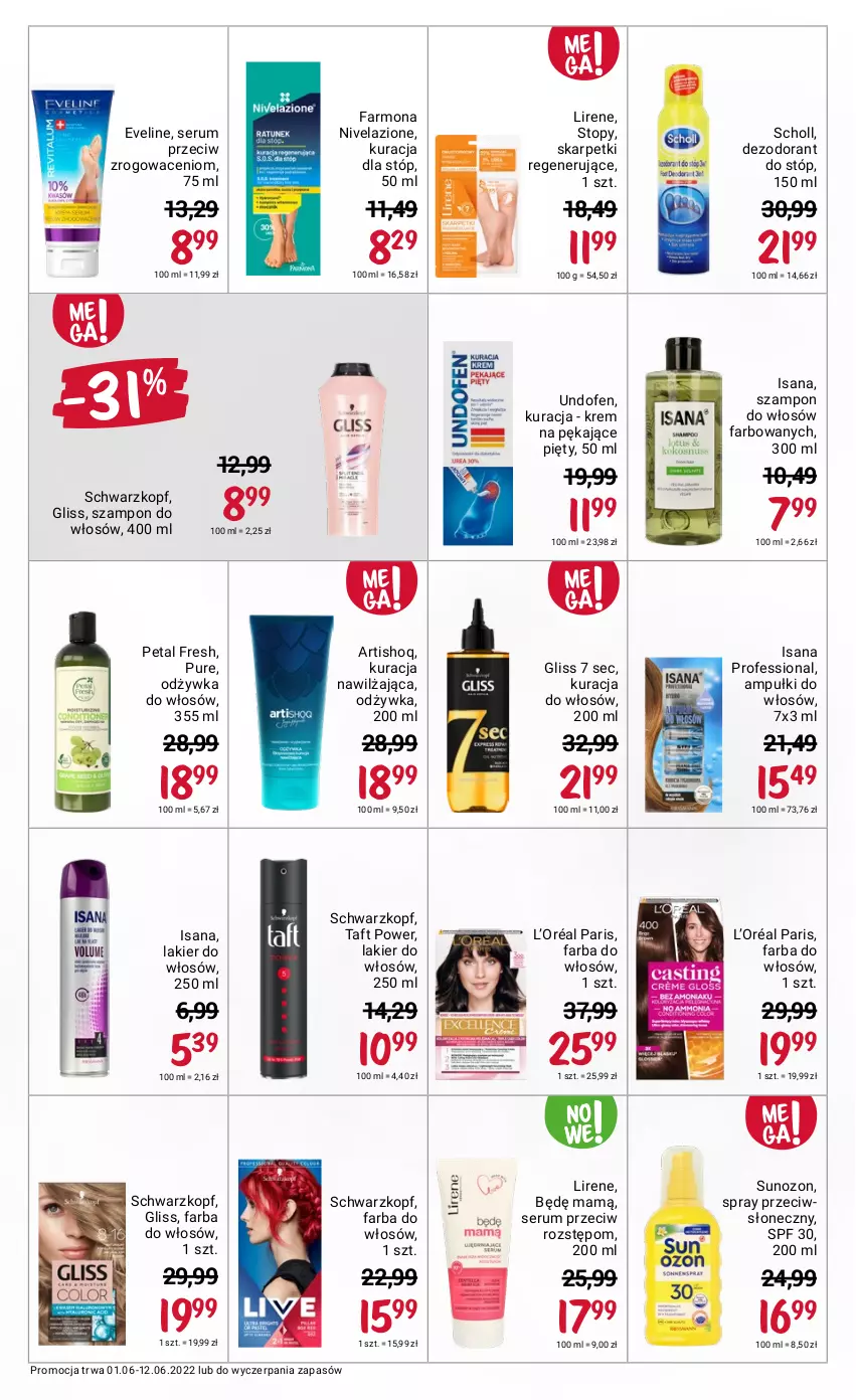 Gazetka promocyjna Rossmann - ważna 01.06 do 12.06.2022 - strona 5 - produkty: Dezodorant, Eveline, Fa, Farba do włosów, Isana, Karp, L’Oréal, Lakier, Lakier do włosów, Lirene, Nivelazione, Odżywka, Petal Fresh, Pur, Rum, Scholl, Schwarzkopf, Ser, Serum, Skarpetki, Szampon, Taft, Top, Undofen