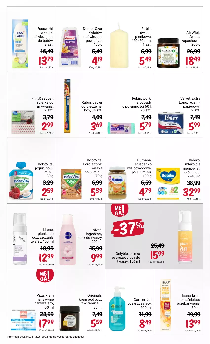 Gazetka promocyjna Rossmann - ważna 01.06 do 12.06.2022 - strona 9 - produkty: Air Wick, Bebiko, BoboVita, Domol, Garnier, Gin, Humana, Isana, Jogurt, Krem pod oczy, Krem rozjaśniający, Lirene, Mixa, Mleko, Nivea, Odświeżacz powietrza, Papier, Papier do pieczenia, Piec, Por, Ręcznik, Rubin, Tonik, Tonik do twarzy, Velvet, Wkładki