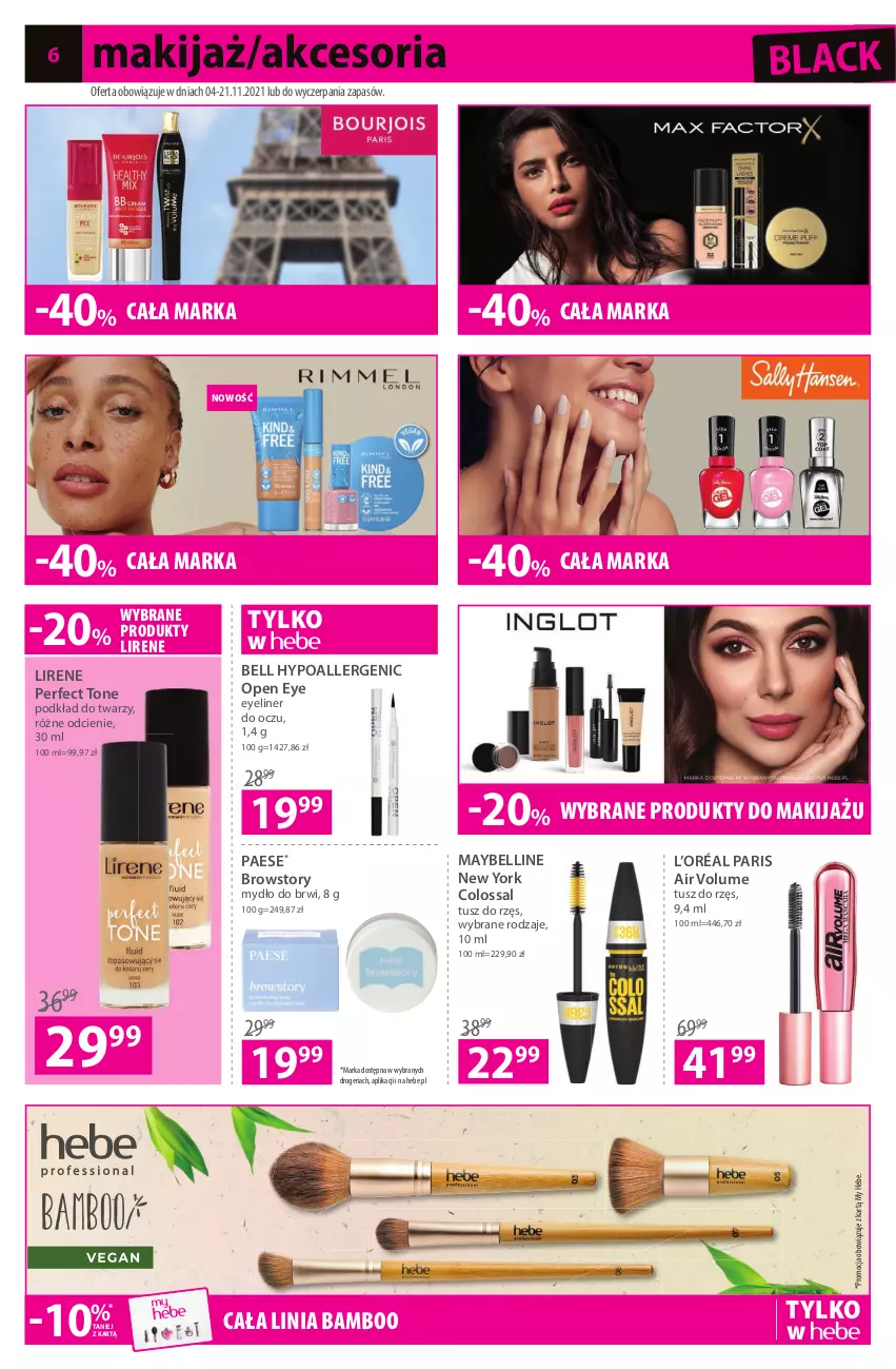 Gazetka promocyjna Hebe - Gazetka - ważna 04.11 do 21.11.2021 - strona 6 - produkty: Bell, Bell HypoAllergenic, L’Oréal, Lack, Lirene, Makijaż, Maybelline, Mydło, PAESE, Podkład, Podkład do twarzy, Produkty do makijażu, Tusz