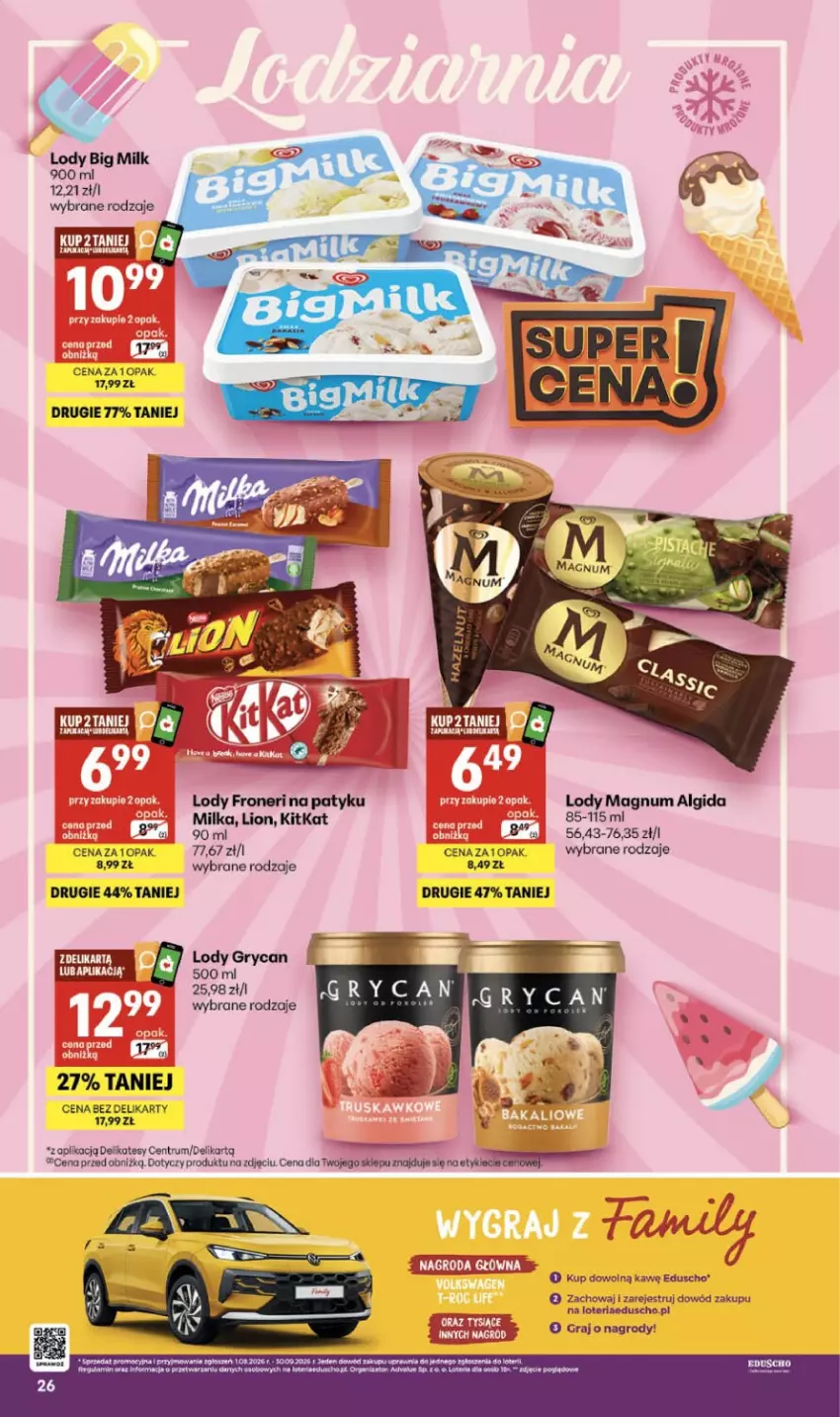 Gazetka promocyjna Delikatesy Centrum - Franczyza DC33 Czwartek - ważna 13.08 do 19.08.2026 - strona 26 - produkty: Algida, Big Milk, Fa, Gra, Gry, LG, Lion, Lody, Milka, Rum