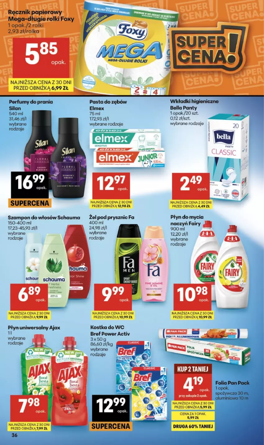 Gazetka promocyjna Delikatesy Centrum - Franczyza DC33 Czwartek - ważna 13.08 do 19.08.2026 - strona 36 - produkty: Ajax, Bell, Bella, Bref, Fa, Foxy, Kostka do wc, Papier, Ręcznik, Rolki, Schauma, Szampon