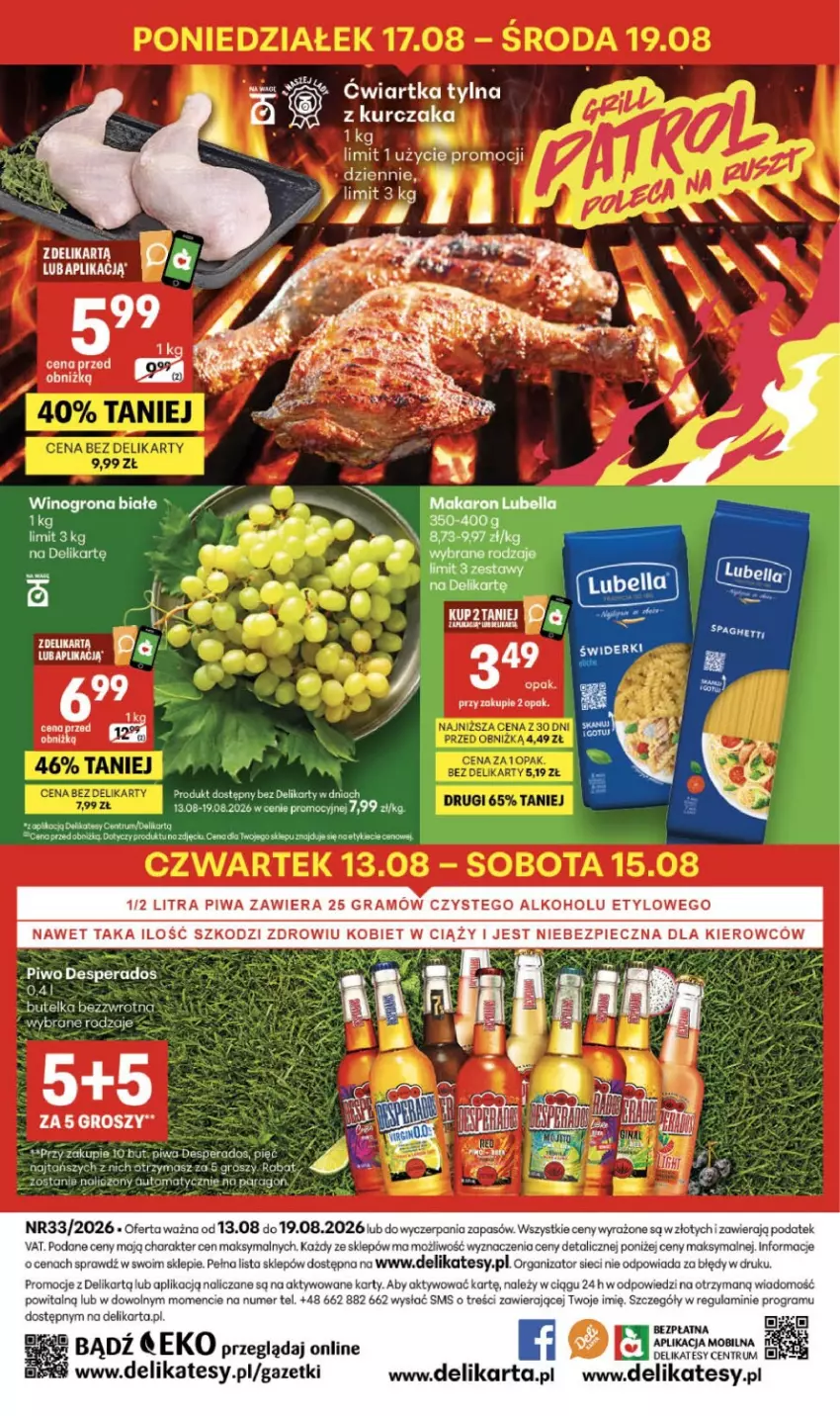 Gazetka promocyjna Delikatesy Centrum - Franczyza DC33 Czwartek - ważna 13.08 do 19.08.2026 - strona 40 - produkty: Bell, Bella, Desperados, Fa, Gra, Kurczak, Lubella, Makaron, Piwa, Piwo, Wino, Winogrona