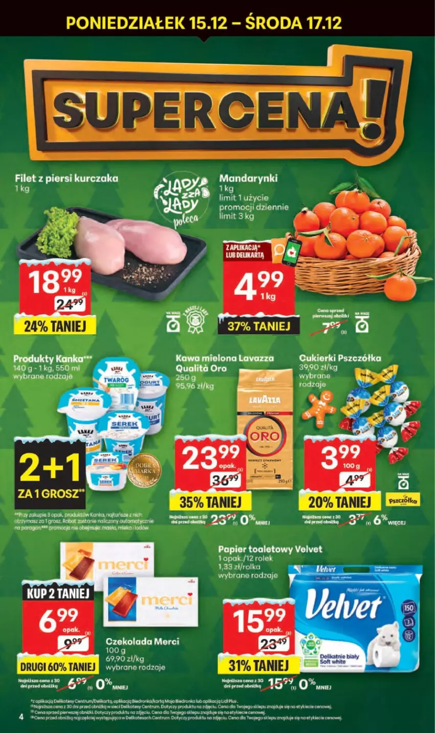 Gazetka promocyjna Delikatesy Centrum - Franczyza DC50 Czwartek - ważna 11.12 do 17.12.2025 - strona 4 - produkty: Cukier, Cukierki, Dron, Fa, Filet z piersi kurczaka, Kawa, Kawa mielona, Kurczak, Lavazza, Mandarynki, Merci, Papier, Papier toaletowy, Por, Rum, Velvet