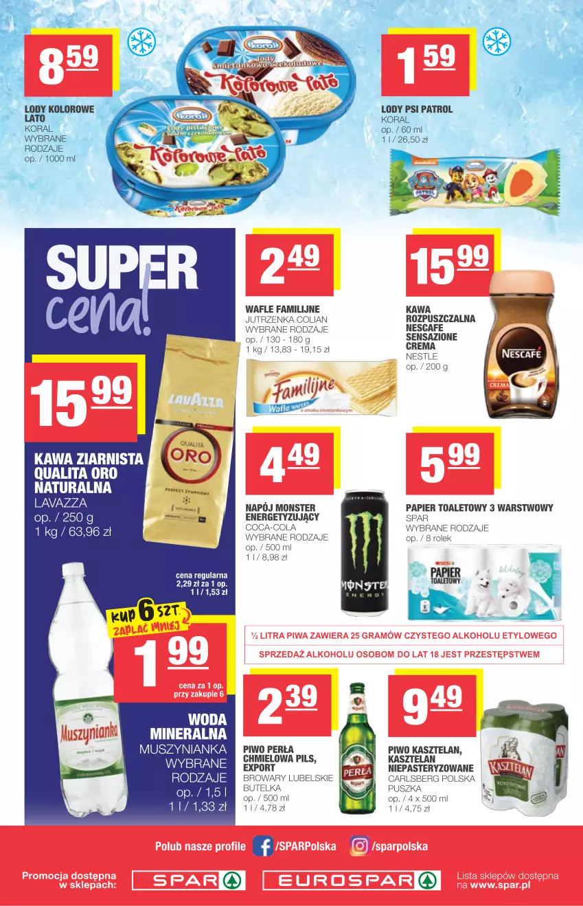 Gazetka promocyjna Spar - Eurospar - ważna 02.06 do 08.06.2021 - strona 4 - produkty: Carlsberg, Coca-Cola, Fa, Jutrzenka, Kasztelan, Kawa, Kawa rozpuszczalna, Lody, Mus, Muszynianka, Papier, Papier toaletowy, Perła, Piwa, Piwo, Por, Psi Patrol, Wafle