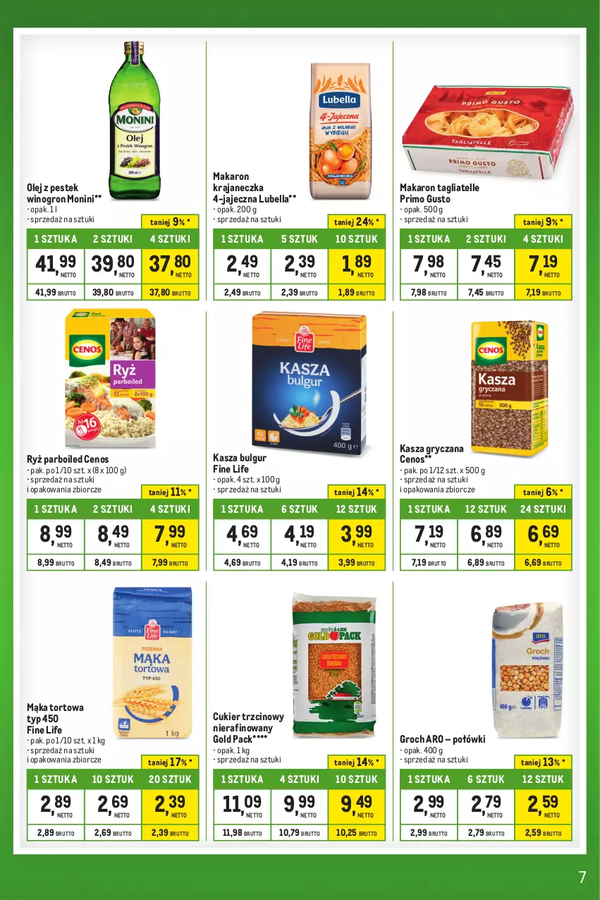 Gazetka promocyjna Makro - Kupujesz więcej płacisz mniej - oferta z alkoholem - ważna 28.11 do 24.12.2023 - strona 7 - produkty: Bell, Bella, Bulgur, Cenos, Cukier, Cukier trzcinowy, Groch, Gry, Kasza, Kasza gryczana, LG, Lubella, Mąka, Mąka tortowa, Makaron, Monini, Olej, Ryż, Ryż parboiled, Stek, Tagliatelle, Wino