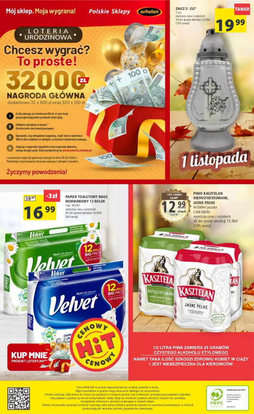 Gazetka promocyjna Arhelan - Gazetka - ważna 20.10 do 31.10.2023 - strona 20 - produkty: Carlsberg, Kasztelan, Papier, Papier toaletowy, Piwo, Rum, Velvet, Znicz