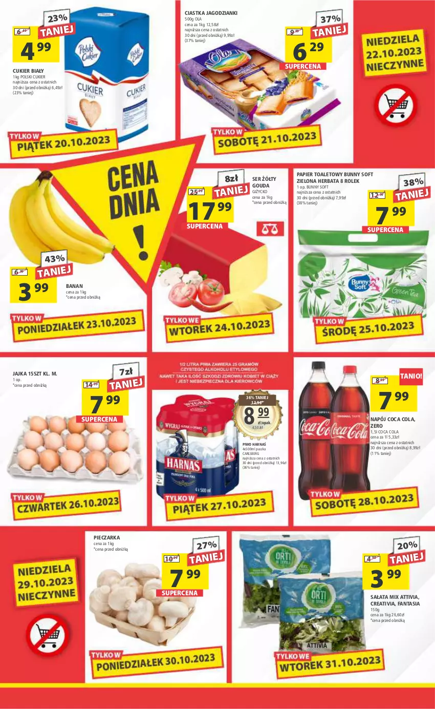 Gazetka promocyjna Arhelan - Gazetka - ważna 20.10 do 31.10.2023 - strona 3 - produkty: Carlsberg, Ciastka, Cukier, Fa, Fanta, Gouda, Harnaś, Herbata, Napój, Papier, Papier toaletowy, Piec, Pieczarka, Piwo, Sałat, Ser