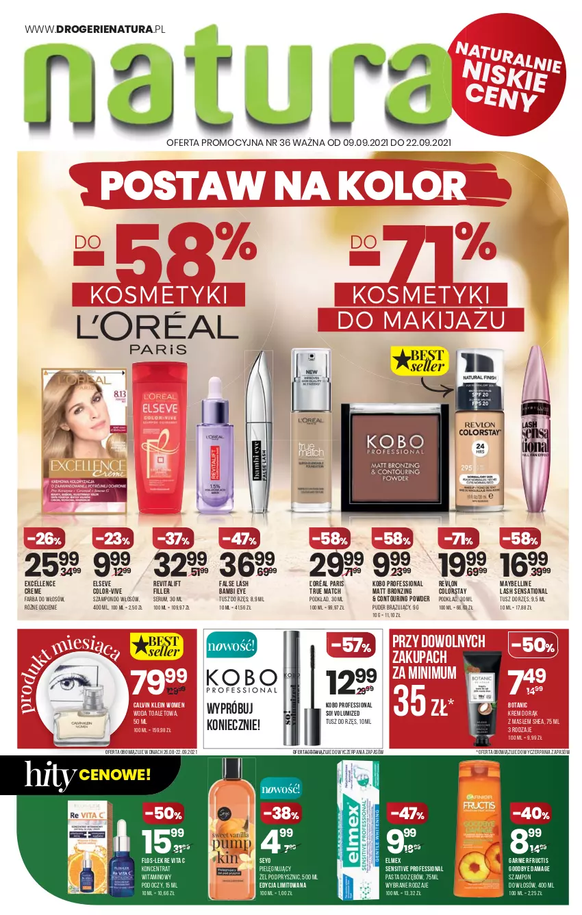 Gazetka promocyjna Drogerie Natura - Gazetka Drogerie Natura - ważna 09.09 do 22.09.2021 - strona 1 - produkty: Bell, Calvin Klein, Elmex, Elseve, Fa, Farba do włosów, Fructis, Garnier, KOBO, Krem do rąk, Makijaż, Maybelline, Pasta do zębów, Podkład, Puder, Revlon, Rum, Sati, Ser, Serum, Szampon, Tusz, Vita C, Woda, Woda toaletowa