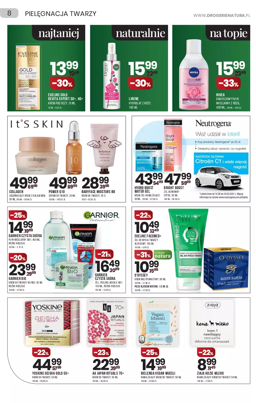 Gazetka promocyjna Drogerie Natura - Gazetka Drogerie Natura - ważna 09.09 do 22.09.2021 - strona 8 - produkty: Bielenda, Eveline, Fa, Garnier, Hydrolat, Kolagen, Krem do twarzy, Krem pod oczy, Lirene, Maska, Mleko, Nivea, Peeling, Płyn micelarny, Rum, Ser, Serum, Serum do twarzy, Top, Yoskine, Ziaja