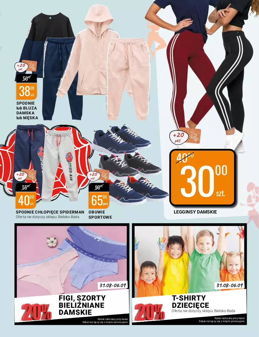 Gazetka promocyjna Bi1 - Czas na sport - ważna 31.08 do 06.09.2022 - strona 17 - produkty: Bluza, Dzieci, Figi, Gin, Legginsy, Obuwie, Por, Spiderman, Spodnie, Sport, Szorty, T-shirt