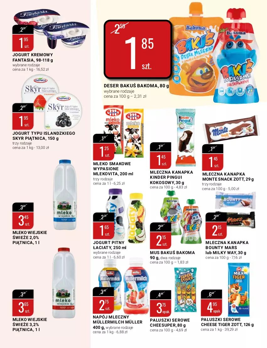 Gazetka promocyjna Bi1 - Czas na sport - ważna 31.08 do 06.09.2022 - strona 7 - produkty: Bakoma, Bounty, Deser, Fa, Fanta, Isla, Jogurt, Jogurt pitny, Kinder, Kokos, Mars, Milky Way, Mleczna kanapka, Mleko, Mleko smakowe, Mlekovita, Monte, Müller, Müllermilch, Mus, Napój, Napój mleczny, Piątnica, Ser, Tiger, Zott