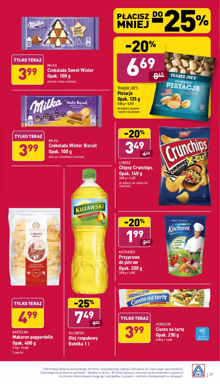 Gazetka promocyjna Aldi - Katalog spożywczy - ważna 06.12 do 12.12.2021 - strona 27 - produkty: Cebula, Chipsy, Crunchips, Czekolada, Dell, Kawa, Kucharek, Kujawski, Lorenz, Makaron, Milka, Olej, Olej rzepakowy, Pistacje, Przyprawa do potraw, Ser, Tera