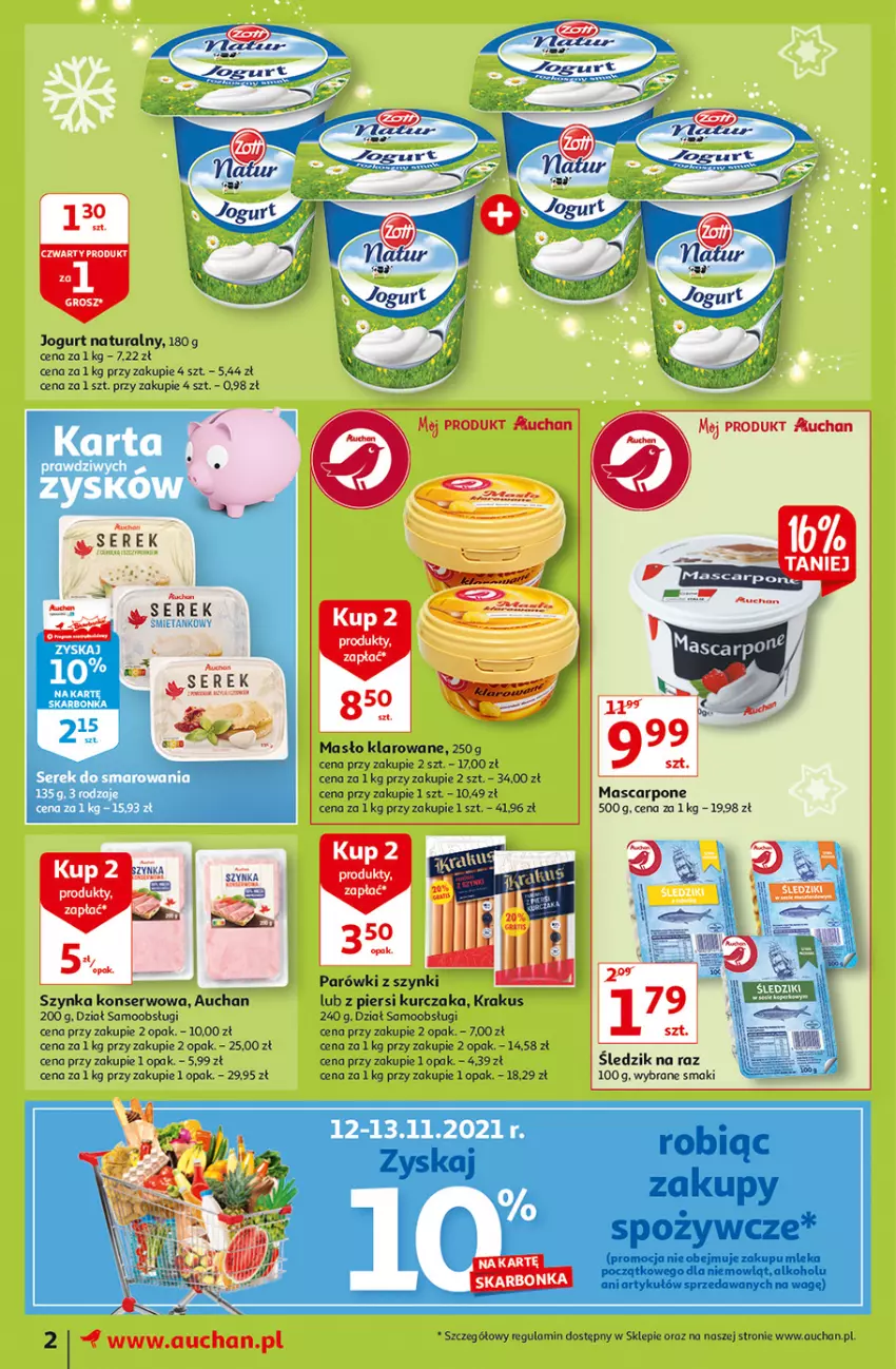 Gazetka promocyjna Auchan - Magia rabatów Moje Auchan - ważna 12.11 do 17.11.2021 - strona 2 - produkty: Jogurt, Jogurt naturalny, Krakus, Kurczak, Mascarpone, Masło, Masło klarowane, Parówki, Parówki z szynki, Ser, Serek, Szynka, Szynka konserwowa, Woda