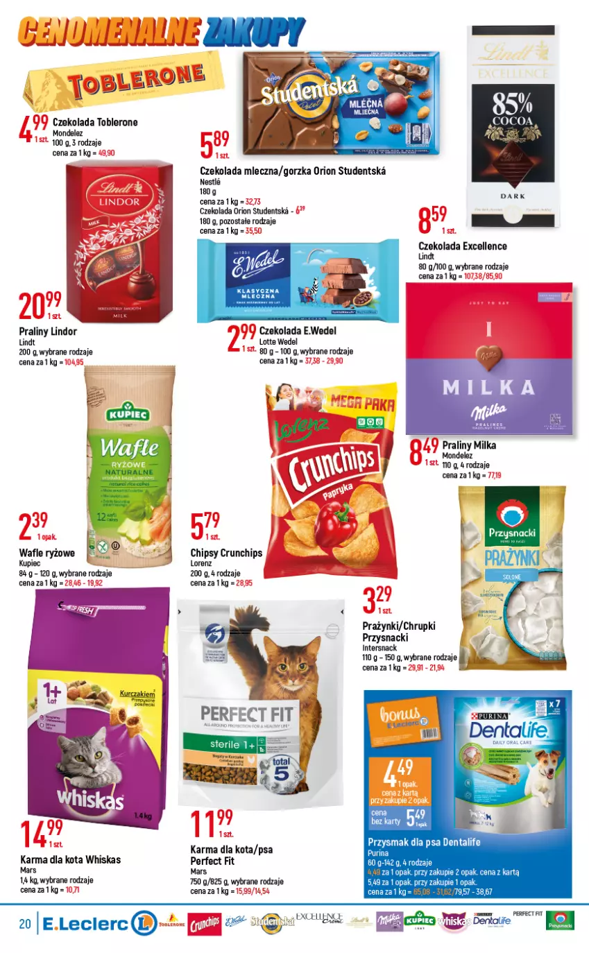 Gazetka promocyjna E Leclerc - ważna 17.05 do 28.05.2022 - strona 20 - produkty: Chipsy, Chrupki, Crunchips, Czekolada, Czekolada mleczna, Kupiec, Lindor, Lindt, Lorenz, Mars, Milka, Piec, Praliny, Przysmak dla psa, Przysnacki, Ryż, Toblerone, Wafle, Whiskas