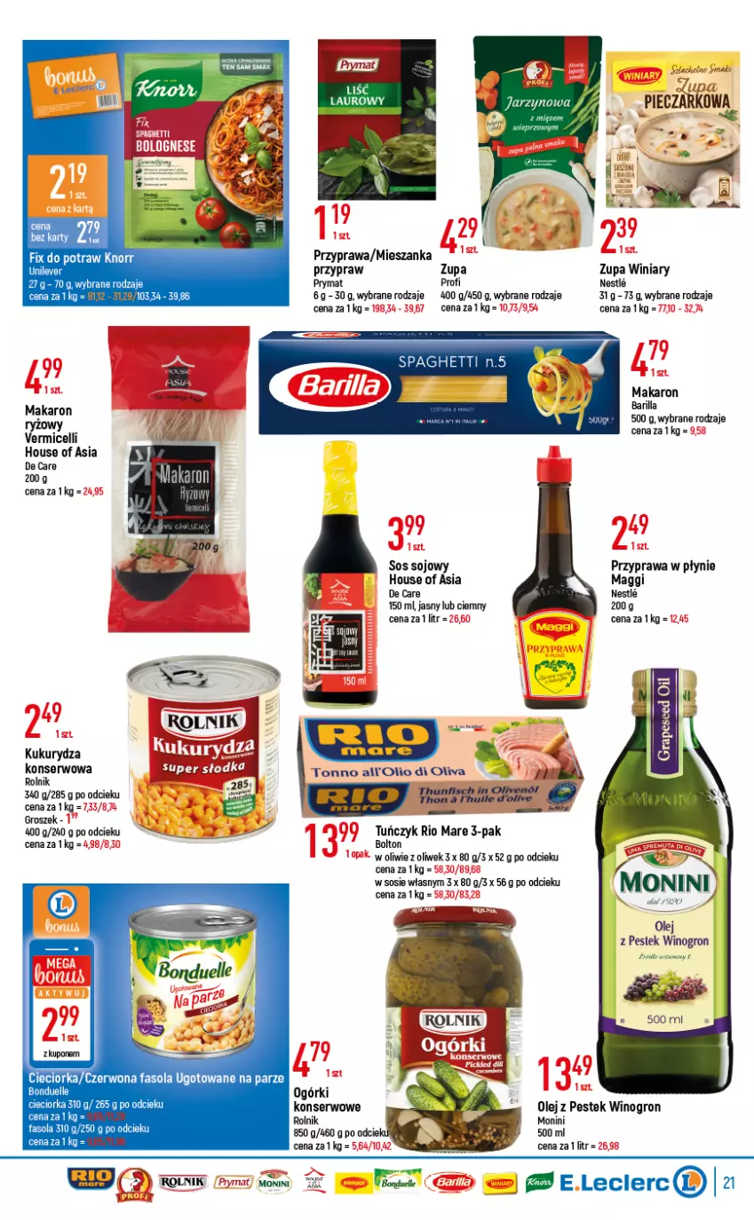 Gazetka promocyjna E Leclerc - ważna 17.05 do 28.05.2022 - strona 21 - produkty: Barilla, Cieciorka, Fa, Fasola, Groszek, House of Asia, Kukurydza, Laur, LG, Maggi, Makaron, Makaron ryżowy, Monini, Olej, Orka, Piec, Prymat, Przyprawa w płynie, Rio Mare, Rolnik, Ryż, Ser, Sos, Sos sojowy, Stek, Tonik, Tuńczyk, Winiary, Wino, Zupa