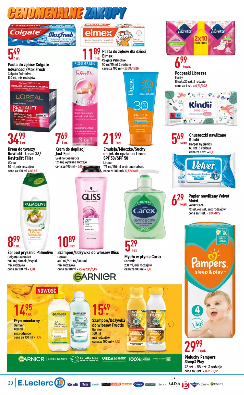 Gazetka promocyjna E Leclerc - ważna 17.05 do 28.05.2022 - strona 30 - produkty: Chusteczki, Colgate, Dzieci, Elmex, Emulsja, Eveline, Fructis, Garnier, Kindii, Krem do depilacji, Krem do twarzy, LG, Lirene, Mleczko, Mydło, Mydło w płynie, Odżywka, Olej, Palmolive, Pampers, Papier, Pasta do zębów, Pieluchy, Płyn micelarny, Podpaski, Ser, Szampon, Velvet