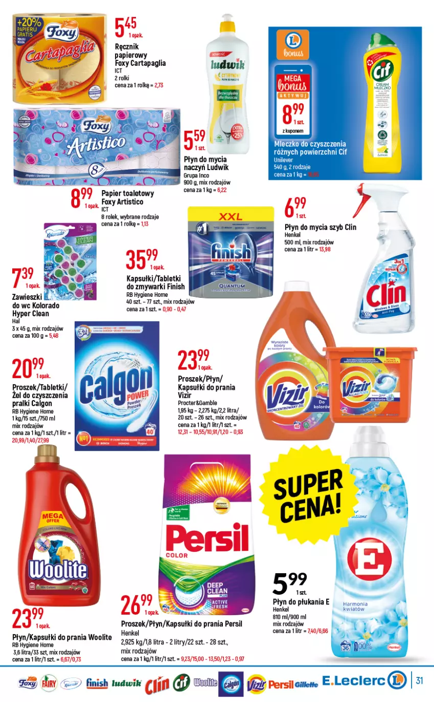 Gazetka promocyjna E Leclerc - ważna 17.05 do 28.05.2022 - strona 31 - produkty: Calgon, Cif, Clin, Finish, Foxy, Gillette, Kapsułki do prania, LG, Ludwik, Mleczko, Papier, Papier toaletowy, Persil, Płyn do mycia, Płyn do płukania, Pralki, Ręcznik, Rolki, Tablet, Vizir, Woolite, Zmywarki