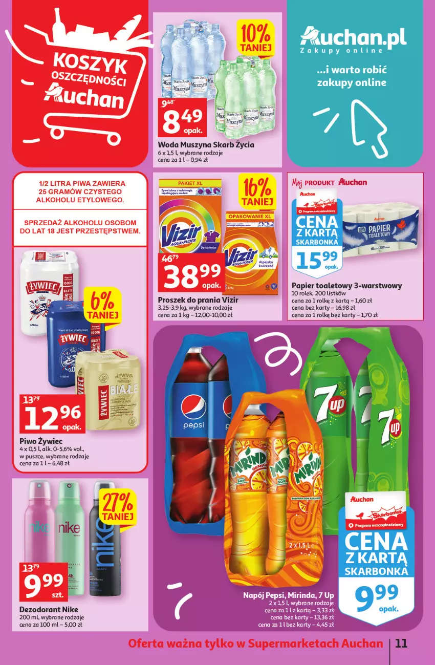 Gazetka promocyjna Auchan - Gazetka Koszyk Oszczędności Auchan Supermarkety - ważna 19.10 do 29.10.2022 - strona 11 - produkty: Dezodorant, Kaki, Mus, Nike, Papier, Papier toaletowy, Piwo, Proszek do prania, Szyna, Vizir, Woda