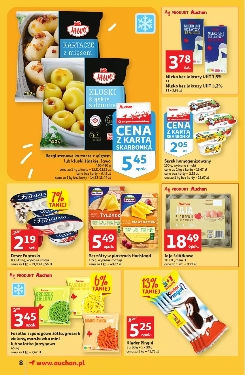 Gazetka promocyjna Auchan - Gazetka Koszyk Oszczędności Auchan Supermarkety - ważna 19.10 do 29.10.2022 - strona 8 - produkty: Deser, Fa, Fanta, Groszek, Hochland, Jaja, Kinder, Marchewka, Mleko, Mleko bez laktozy, Sałat, Sałatka, Ser, Serek, Serek homogenizowany