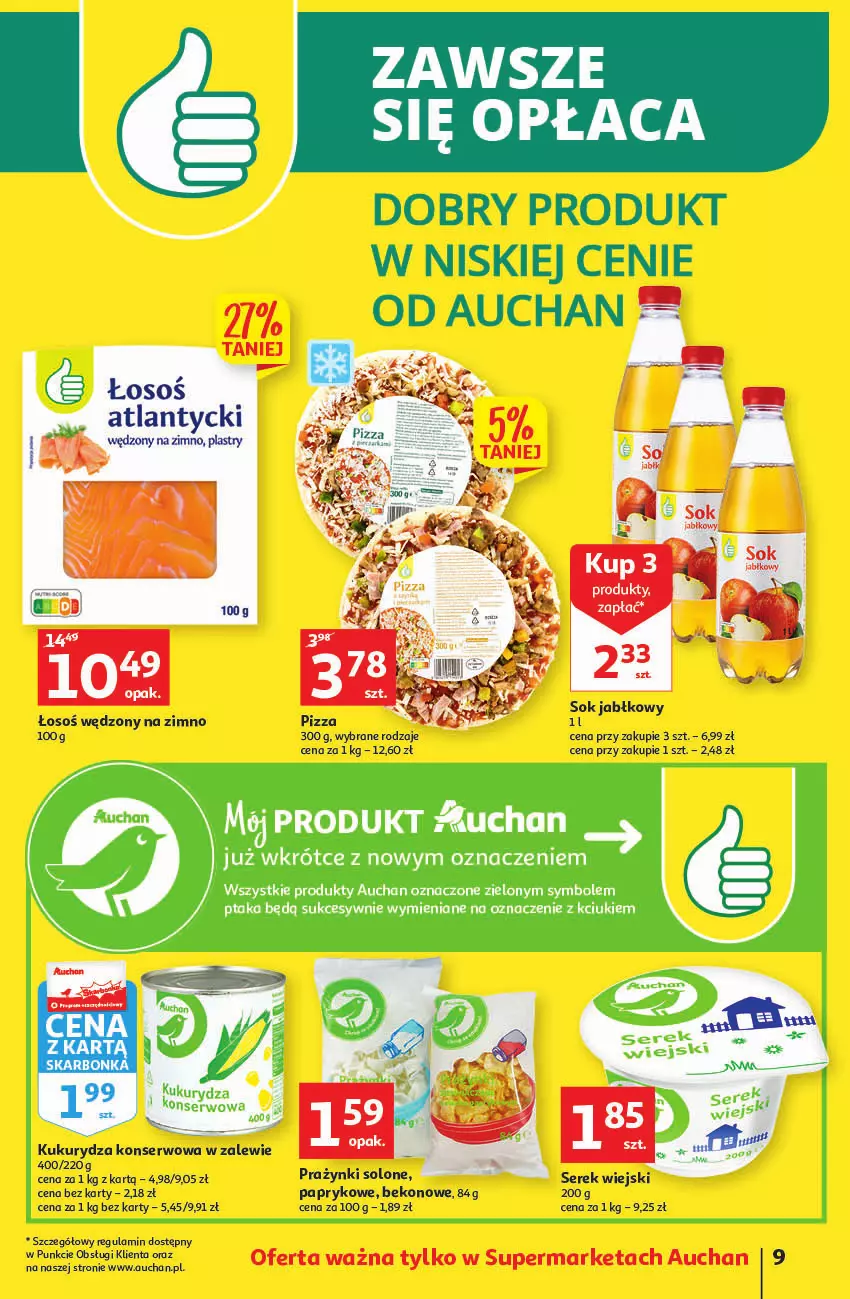 Gazetka promocyjna Auchan - Gazetka Koszyk Oszczędności Auchan Supermarkety - ważna 19.10 do 29.10.2022 - strona 9 - produkty: Beko, Kukurydza, Kukurydza konserwowa, Pizza, Ser, Serek, Serek wiejski, Sok, Sok jabłkowy