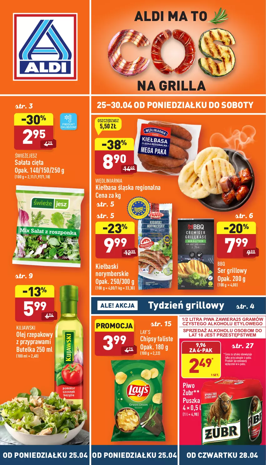 Gazetka promocyjna Aldi - Katalog spożywczy - ważna 25.04 do 30.04.2022 - strona 1 - produkty: Chipsy, Fa, Gra, Grill, Kiełbasa, Kiełbasa śląska, Kujawski, Lay’s, Olej, Olej rzepakowy, Piwa, Piwo, Sałat, Ser