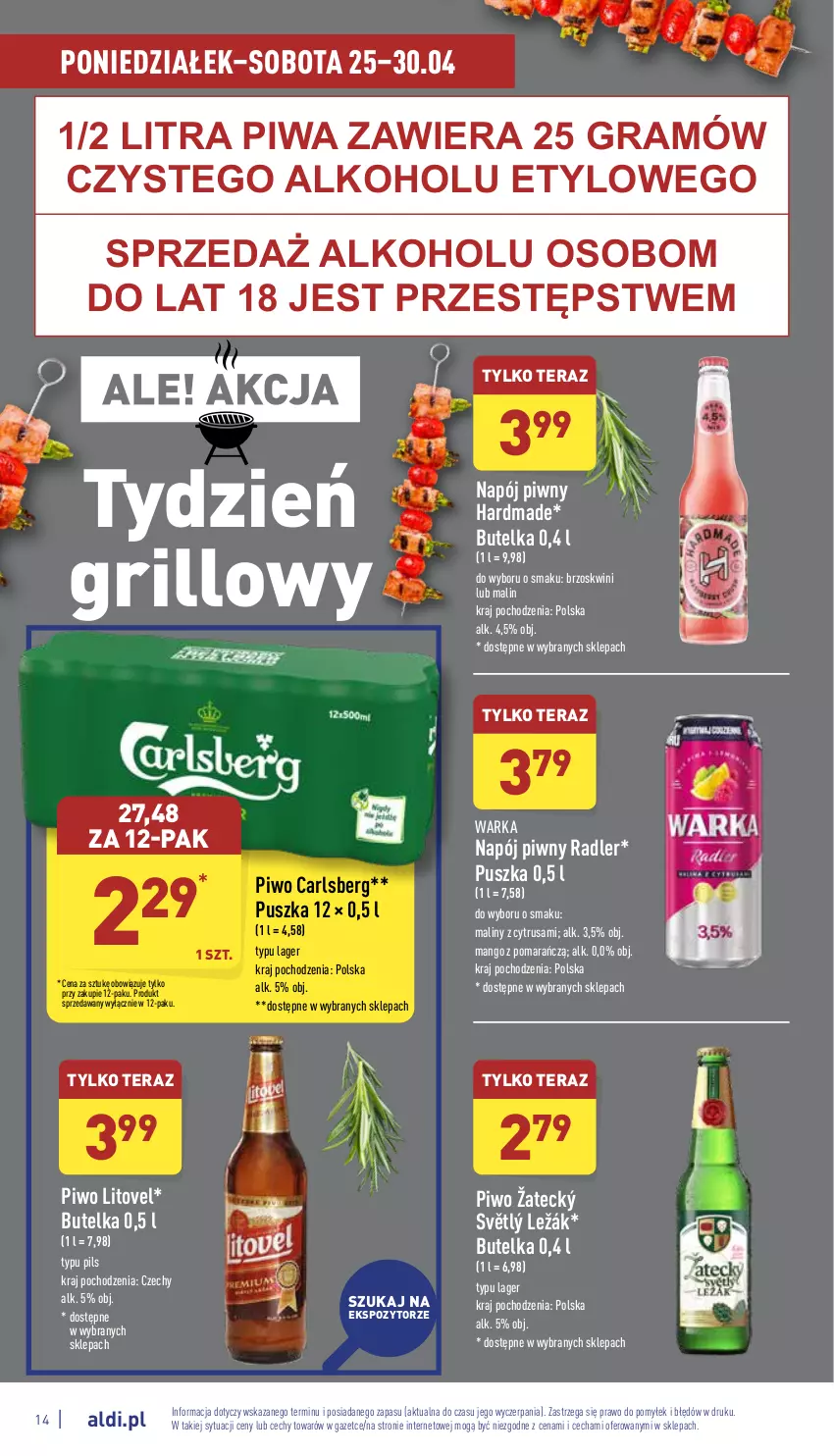 Gazetka promocyjna Aldi - Katalog spożywczy - ważna 25.04 do 30.04.2022 - strona 14 - produkty: Carlsberg, Gra, Grill, Maliny, Mango, Napój, Piwa, Piwo, Radler, Tera, Warka