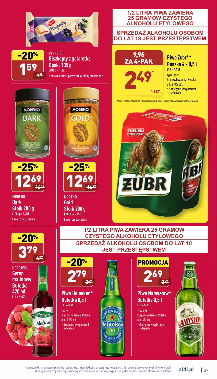 Gazetka promocyjna Aldi - Katalog spożywczy - ważna 25.04 do 30.04.2022 - strona 27 - produkty: Biszkopty, Gala, Gra, Heineken, Herbapol, Kawa, Kawa rozpuszczalna, Namysłów, Piwa, Piwo, Por, Syrop