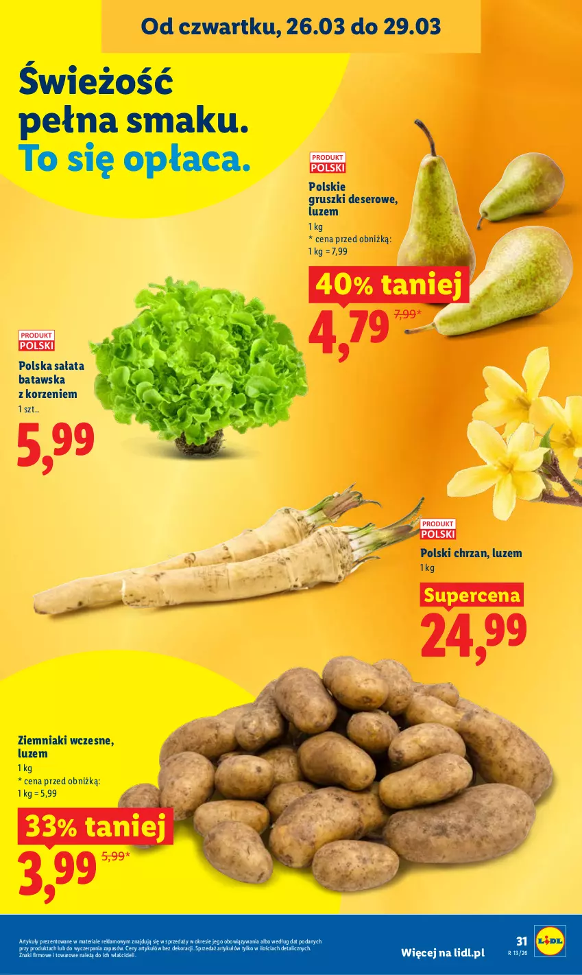 Gazetka promocyjna Lidl - Gazetka ważna od 26.03 do 29.03 - ważna 26.03 do 29.03.2026 - strona 31 - produkty: Chrzan, Deser, Gruszki, Sałat, Ser, Ziemniaki