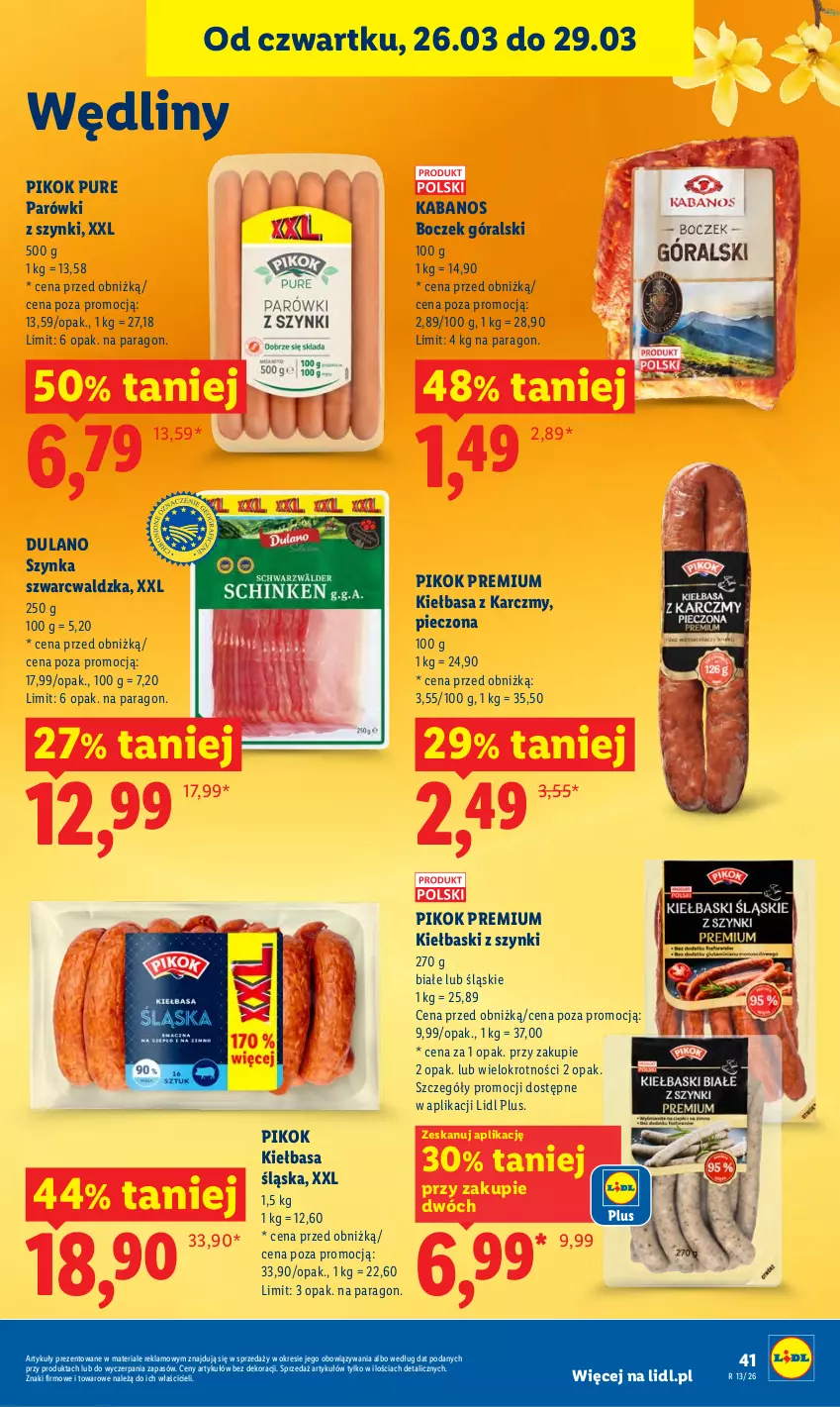Gazetka promocyjna Lidl - Gazetka ważna od 26.03 do 29.03 - ważna 26.03 do 29.03.2026 - strona 41 - produkty: Boczek, Dulano, Kabanos, Kiełbasa, Kiełbasa śląska, Parówki, Parówki z szynki, Piec, PIKOK, Pur, Szynka