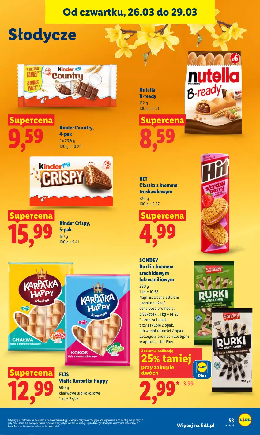 Gazetka promocyjna Lidl - Gazetka ważna od 26.03 do 29.03 - ważna 26.03 do 29.03.2026 - strona 53 - produkty: Ciastka, Karp, Kinder, Kokos, Nutella, Rurki, Wafle