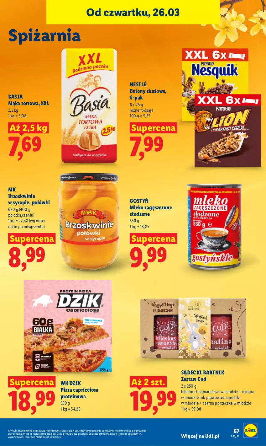 Gazetka promocyjna Lidl - Gazetka ważna od 26.03 do 29.03 - ważna 26.03 do 29.03.2026 - strona 67 - produkty: Basia, Baton, Brzoskwinie, Hibiskus, Mąka, Mąka tortowa, Mleko, Mleko zagęszczone, Nestlé, Pigwowiec, Pizza, Por, Syrop