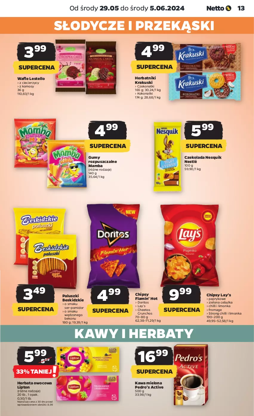 Gazetka promocyjna Netto - Artykuły spożywcze - ważna 29.05 do 05.06.2024 - strona 13 - produkty: Beko, Beskidzki, Cheetos, Chipsy, Czekolada, Herbata, Herbata owocowa, Herbatniki, Kawa, Kawa mielona, Krakus, Krakuski, Lay’s, Limonka, Lipton, Mamba, Nesquik, Nestlé, Ser, Wafle