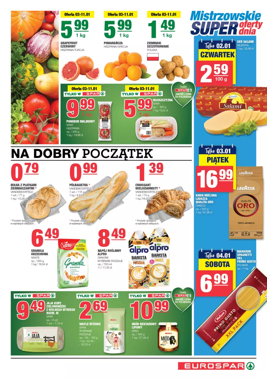 Gazetka promocyjna Spar - EuroSpar - ważna 01.01 do 11.01.2025 - strona 3 - produkty: Alpro, Bagietka, BIC, Bułka, Croissant, Fa, Gra, Granola, Jaja, Kawa, Kawa mielona, Napój, Napój roślinny, Półbagietka, Salami, Ser, Ser salami, Surf, Ziemniaki