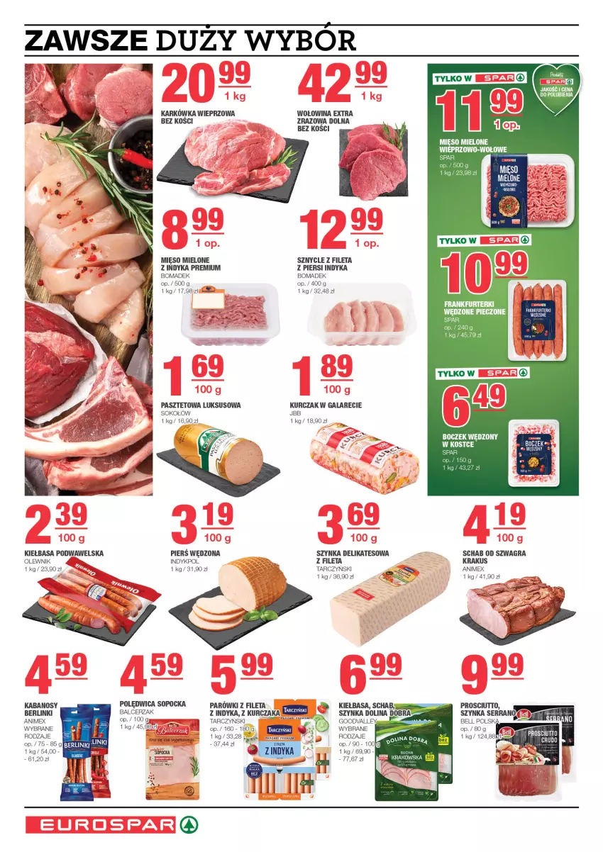 Gazetka promocyjna Spar - EuroSpar - ważna 01.01 do 11.01.2025 - strona 4 - produkty: Bell, Berlinki, Boczek, Frankfurterki, Gala, Gra, Kabanos, Karkówka wieprzowa, Kiełbasa, Kiełbasa podwawelska, Krakus, Kurczak, Mięso, Mięso mielone, Olewnik, Parówki, Pasztet, Polędwica, Prosciutto, Ser, Sok, Sokołów, Szynka, Szynka delikatesowa, Tarczyński, Wawel, Wołowina