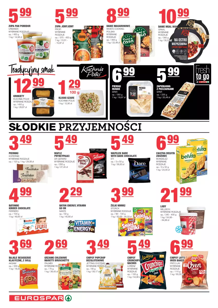 Gazetka promocyjna Spar - EuroSpar - ważna 01.01 do 11.01.2025 - strona 6 - produkty: Aksam, Bajgle, Baton, BelVita, Beskidzki, Bruschette, Chipsy, Chleb, Ciastka, Dr Gerard, Ferrero, Gin, Gra, Graal, Kakao, Kinder, Krokiety, Kuchnia, Lody, Lorenz, Makaron, Nimm2, Piec, Pieczarka, Piernik, Pierogi, Sante, Szpinak, Tonik, Wafelek, Wafle, Zupa