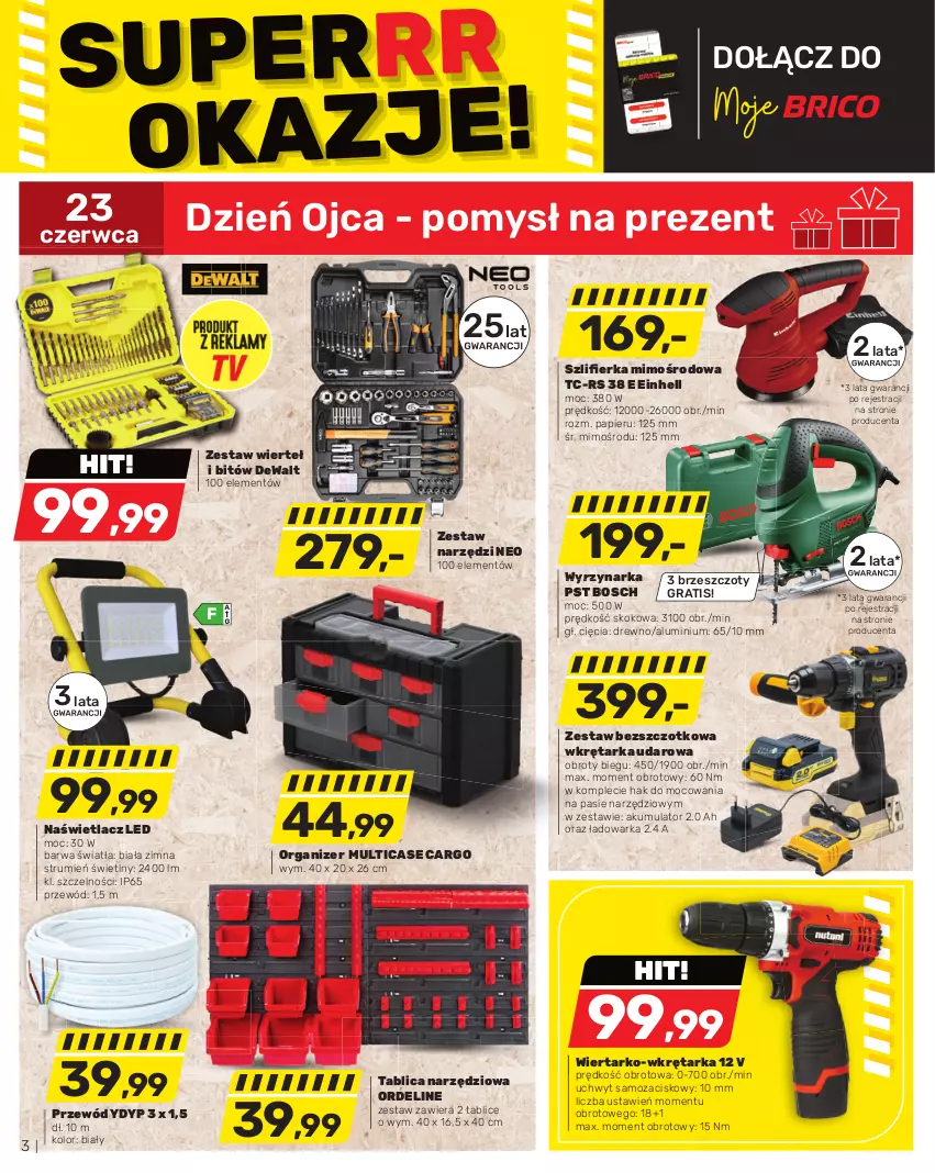 Gazetka promocyjna Bricomarche - Gazetka - ważna 14.06 do 25.06.2023 - strona 3 - produkty: Akumulator, Bosch, Einhell, Gra, Naświetlacz, Naświetlacz LED, Organizer, Papier, Przewód, Rum, Tablica narzędziowa, Tarka, Warka, Wkręt, Wkrętarka, Wyrzynarka, Zestaw narzędzi, Zestaw wierteł