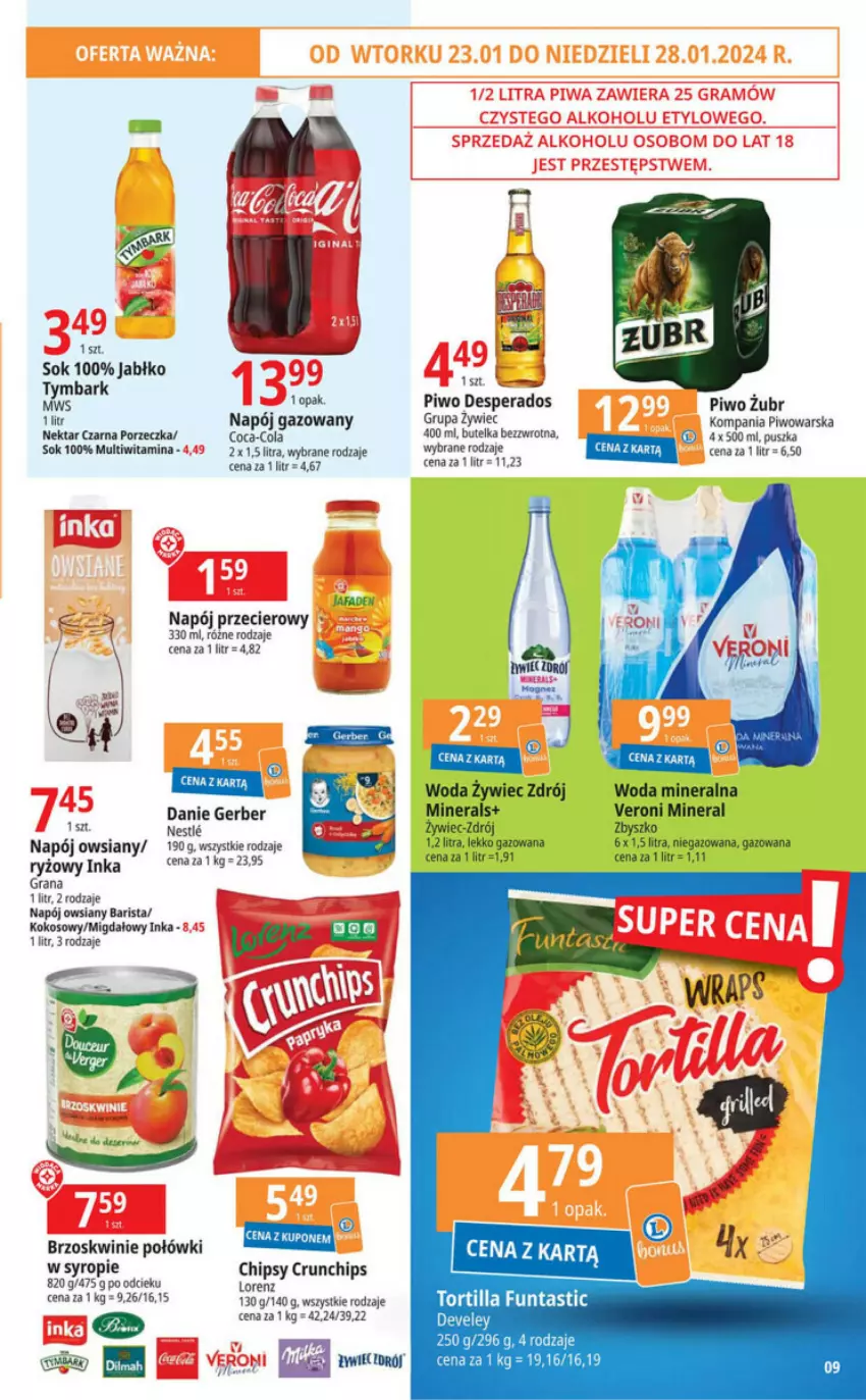 Gazetka promocyjna E Leclerc - ważna 23.01 do 03.02.2024 - strona 24 - produkty: Brzoskwinie, Chipsy, Coca-Cola, Crunchips, Desperados, Fa, Gerber, Gra, Inka, Kokos, Napój, Napój gazowany, Nektar, Piwo, Por, Ryż, Sok, Syrop, Tortilla, Tymbark, Woda, Woda mineralna