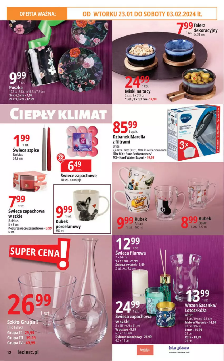 Gazetka promocyjna E Leclerc - ważna 23.01 do 03.02.2024 - strona 4 - produkty: Bols, Bolsius, Brit, Brita, Dyfuzor zapachowy, Dzbanek, Kubek, Piwo, Podgrzewacze, Pur, Róża, Szpic, Talerz, Wazon