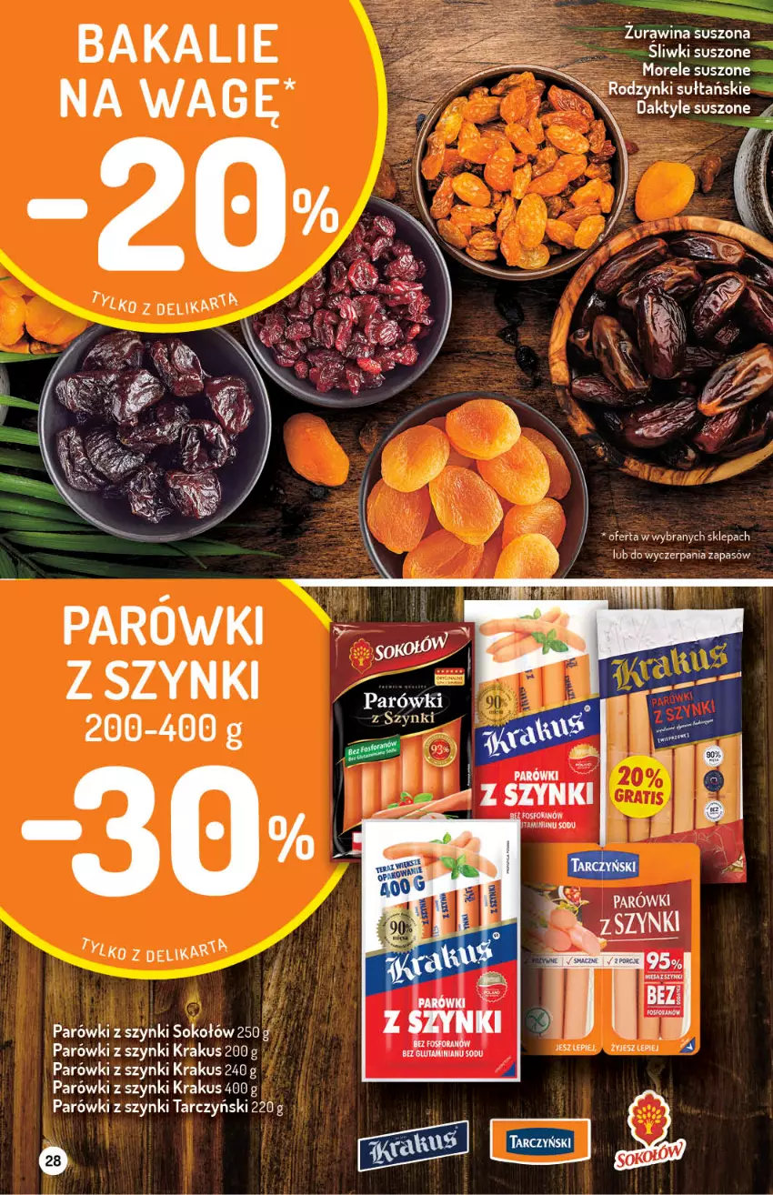 Gazetka promocyjna Delikatesy Centrum - Gazetka Delikatesy Centrum - ważna 18.03 do 23.03.2021 - strona 28 - produkty: Daktyle, Krakus, Parówki, Parówki z szynki, Ser, Sok, Sokołów, Tarczyński