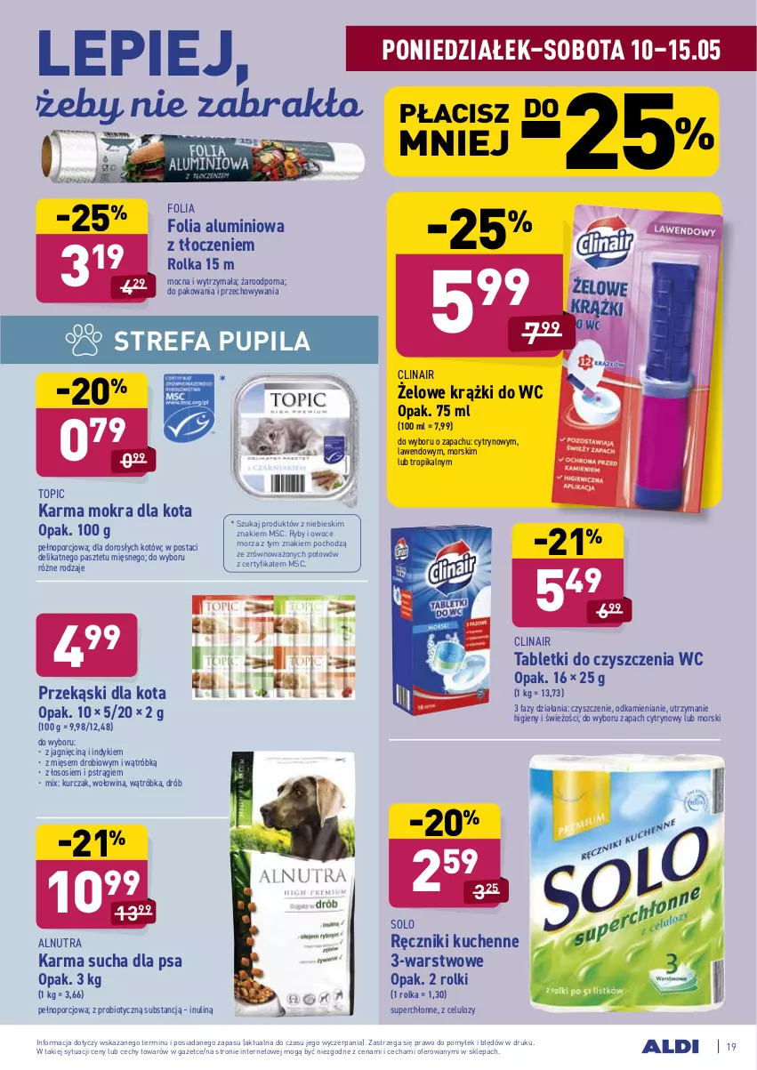 Gazetka promocyjna Aldi - ważna 10.05 do 15.05.2021 - strona 19 - produkty: Clin, Drób, Fa, Folia aluminiowa, Kurczak, Owoce, Owoce morza, Pasztet, Por, Przekąski dla kota, Pstrąg, Ręcznik, Rolki, Ryby i owoce morza, Sos, Tablet, Top, Wołowina