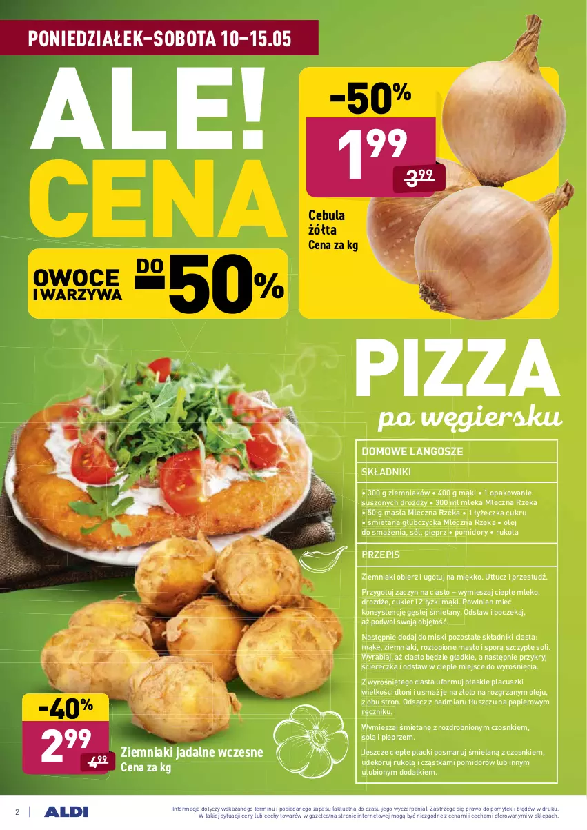 Gazetka promocyjna Aldi - ważna 10.05 do 15.05.2021 - strona 2 - produkty: Cebula, Cukier, Drożdże, Lack, Masło, Mleczna Rzeka, Mleko, Olej, Owoce, Papier, Pieprz, Pizza, Pomidory, Por, Ręcznik, Rukola, Sól, Top, Warzywa, Ziemniaki