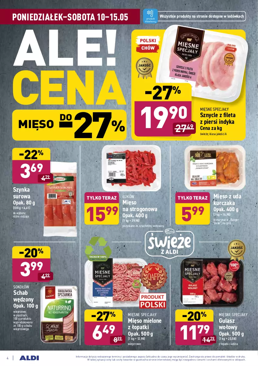 Gazetka promocyjna Aldi - ważna 10.05 do 15.05.2021 - strona 4 - produkty: Grill, Gulasz wołowy, Kurczak, Lodówka, Mięsne specjały, Mięso, Mięso mielone, Mięso z uda kurczaka, Sok, Sokołów, Szynka, Tera