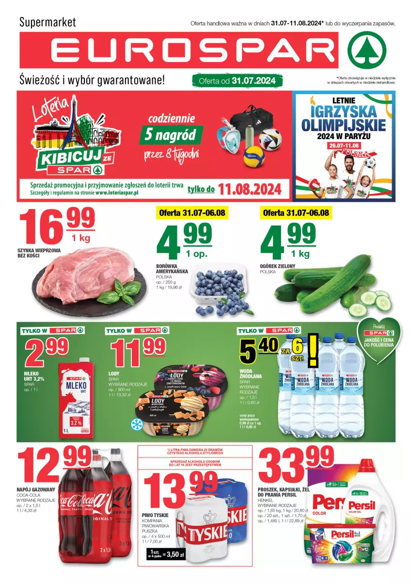 Gazetka promocyjna Spar - EuroSpar - ważna 28.07 do 07.08.2024 - strona 1 - produkty: Borówka, Coca-Cola, Lody, Mleko, Napój, Napój gazowany, Ogórek, Persil, Piwo, Ryż, Szynka, Szynka wieprzowa, Tyskie