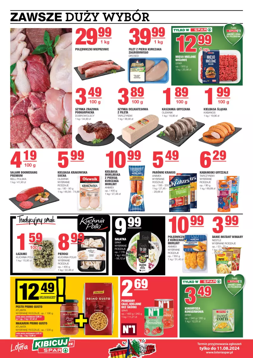 Gazetka promocyjna Spar - EuroSpar - ważna 28.07 do 07.08.2024 - strona 4 - produkty: Bell, Filet z piersi kurczaka, Gry, Kabanos, Karp, Kasza, Kaszanka, Kiełbasa, Kiełbasa krakowska, Kiełbasa śląska, Krakus, Kuchnia, Kurczak, Makaron, Morliny, Oleo, Olewnik, Parówki, Pesto, Piec, Pierogi, Pur, Salami, Ser, Szynka, Szynka delikatesowa, Tarczyński, Winiary